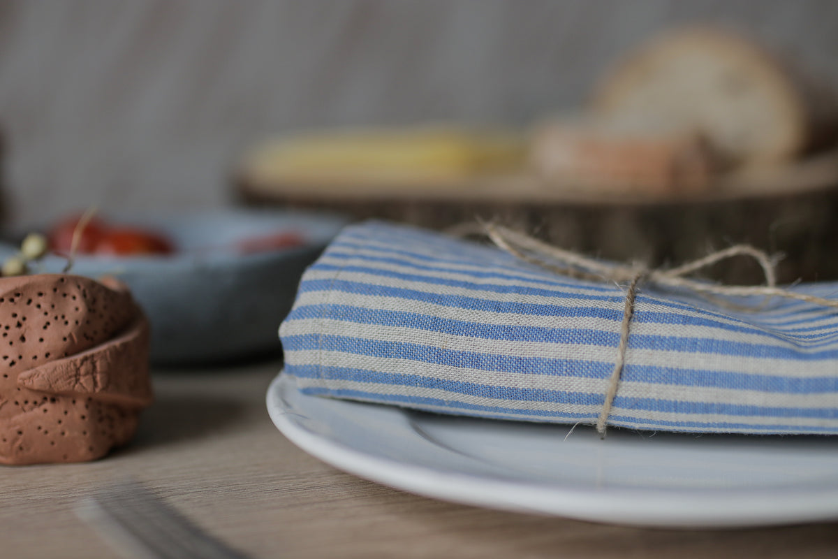 Blue and white striped cloth napkin on a plate with blurred background