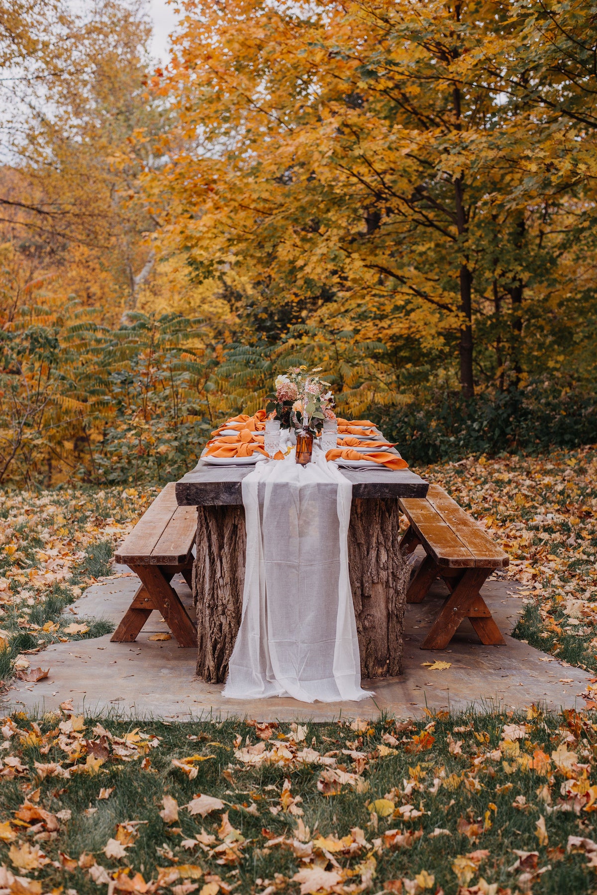 Wedding Table set for a meal outdoors with burnt orange linen napkins