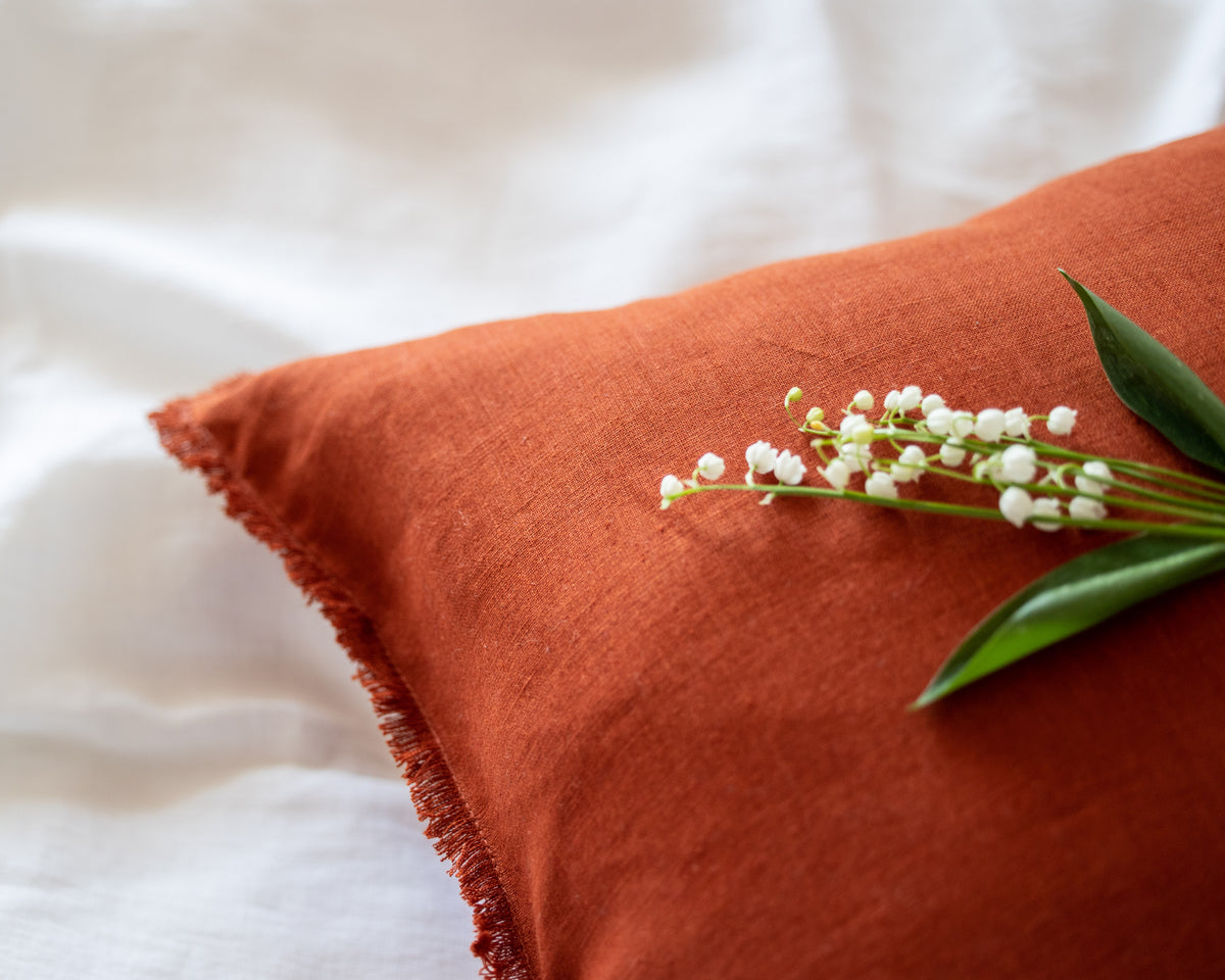 Natural Terracotta Linen Pillow Cover with Fringed Edges