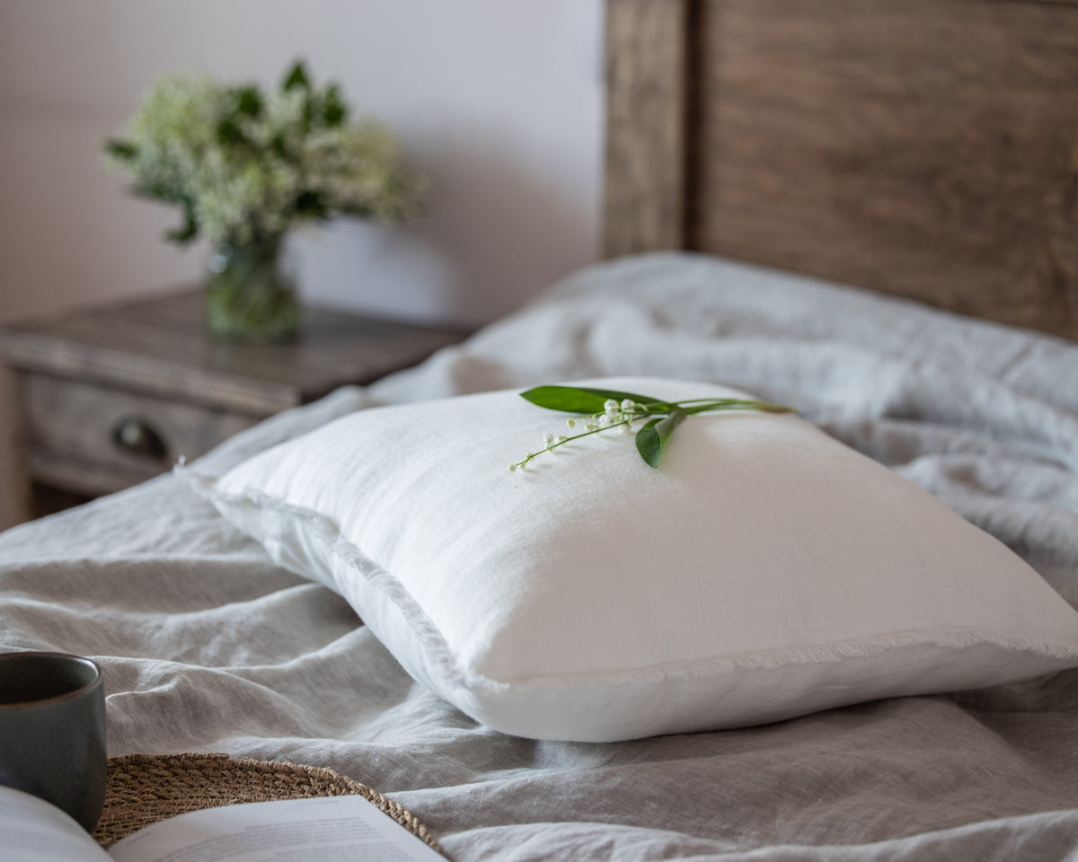White Linen Pillow Cover with Fringed Edges
