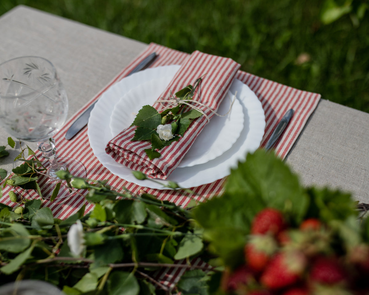 A styled outdoor table setting featuring a folded red and white striped linen napkin tied with twine, layered over white plates, with a glass and cut flowers in the foreground on a beige tablecloth.