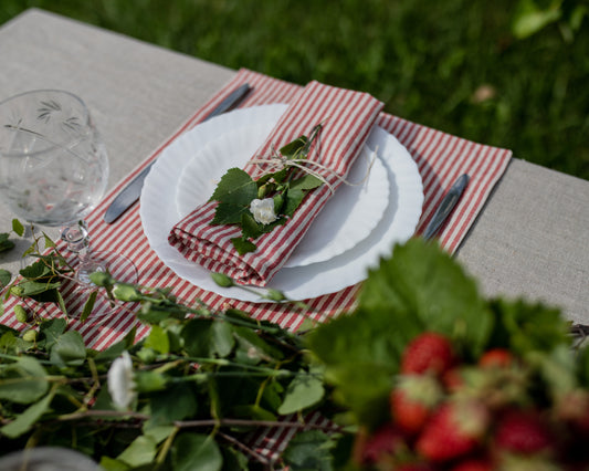 A styled outdoor table setting featuring a folded red and white striped linen napkin tied with twine, layered over white plates, with a glass and cut flowers in the foreground on a beige tablecloth.