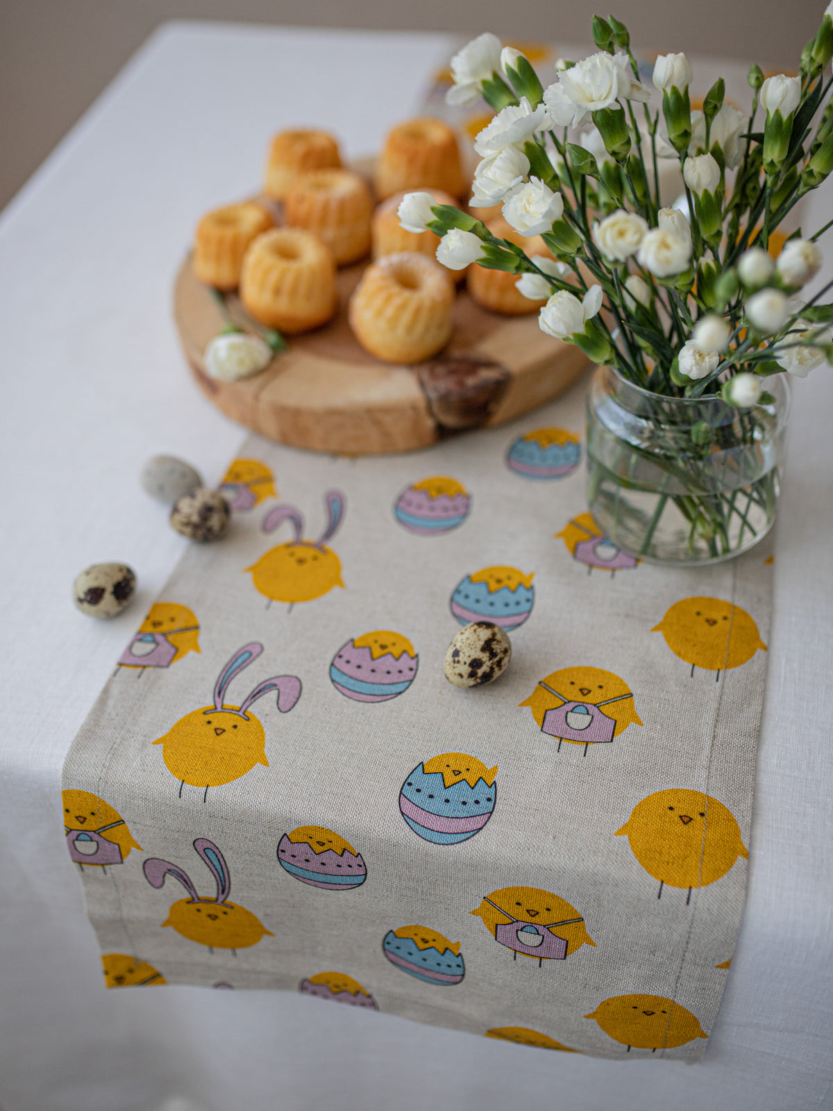 Easter Linen Table Runner – Natural Linen Runner with Easter Bunny & Chick Print