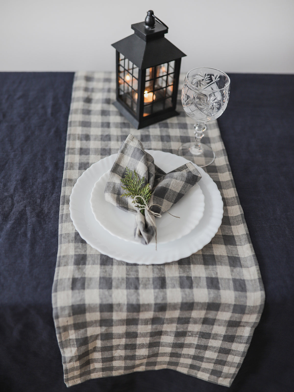 Gray Gingham Linen Table Runner – Rustic Farmhouse Table Decor