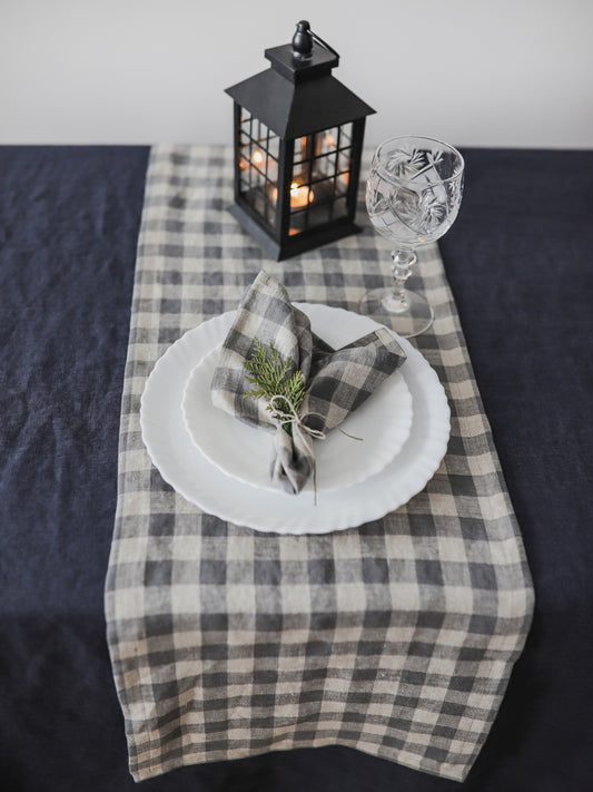 Gray Gingham Linen Table Runner – Rustic Farmhouse Table Decor