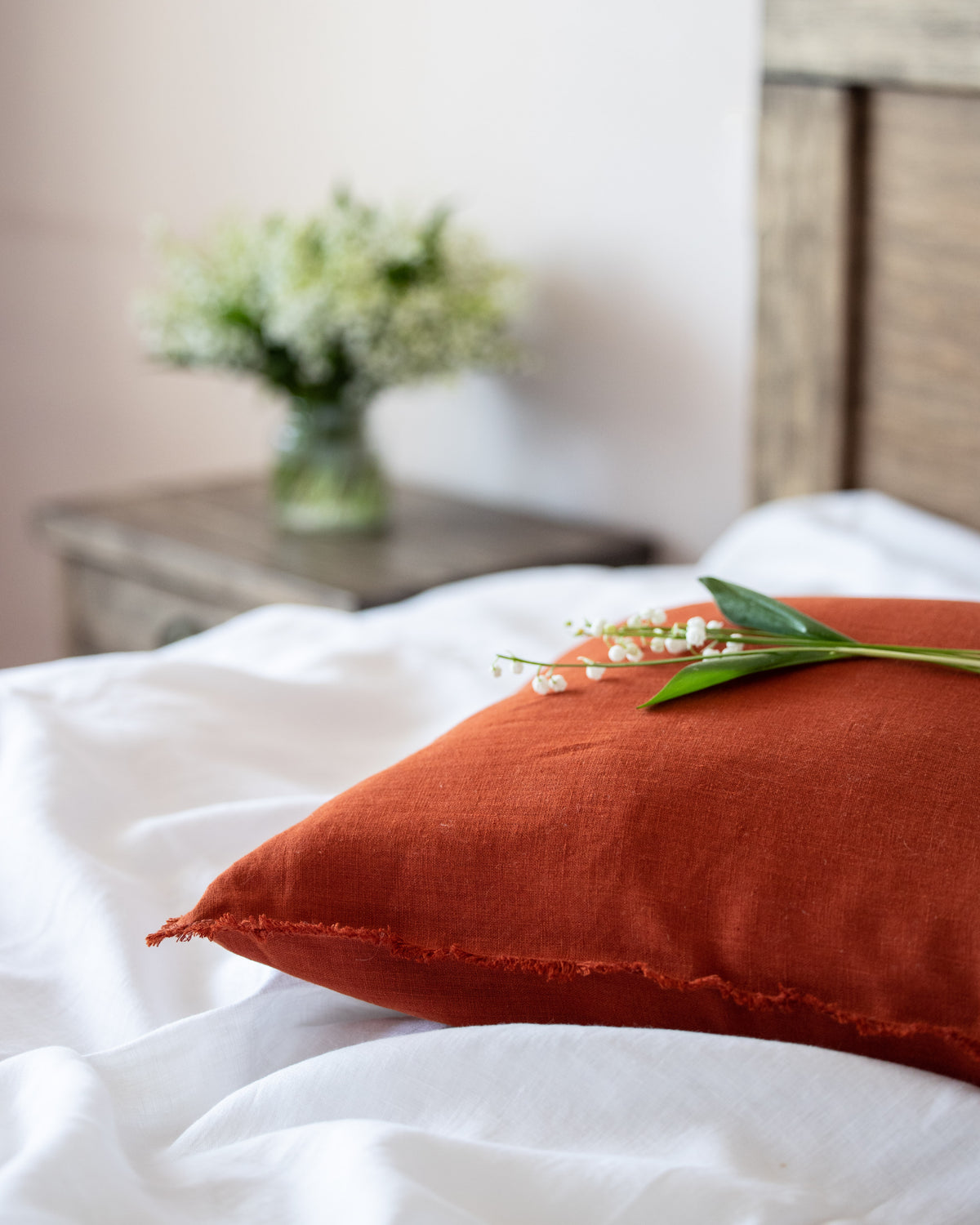 Natural Terracotta Linen Pillow Cover with Fringed Edges