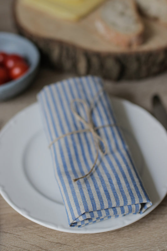 Folded blue and white striped napkin on a white plate with a blurred background of food items.