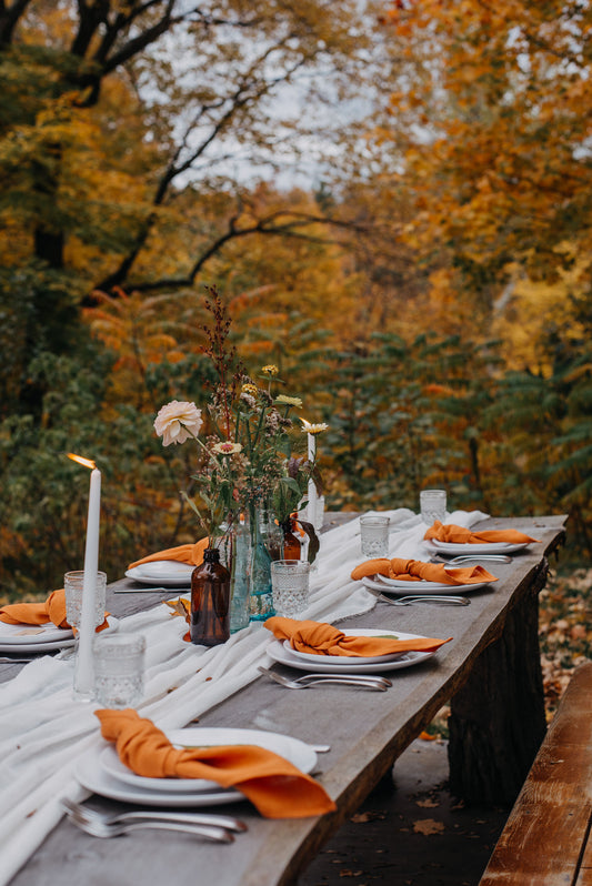 Dining table set for a meal outdoors with burnt orange linen napkins