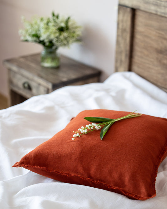 Natural Terracotta Linen Pillow Cover with Fringed Edges