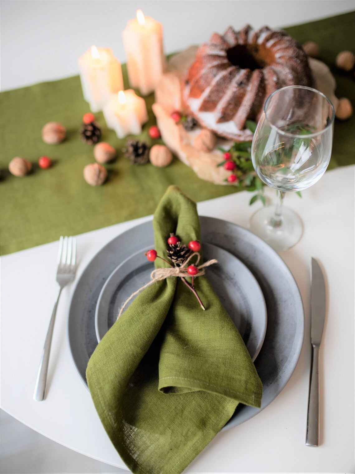 green linen table runner  and  olive green linen napkins for Xristmas 
