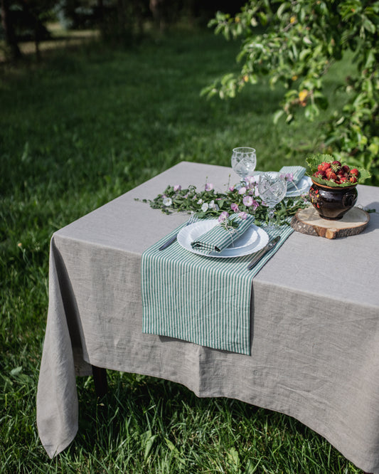 Green Striped Linen Table Runner – Farmhouse Rustic Table Decor