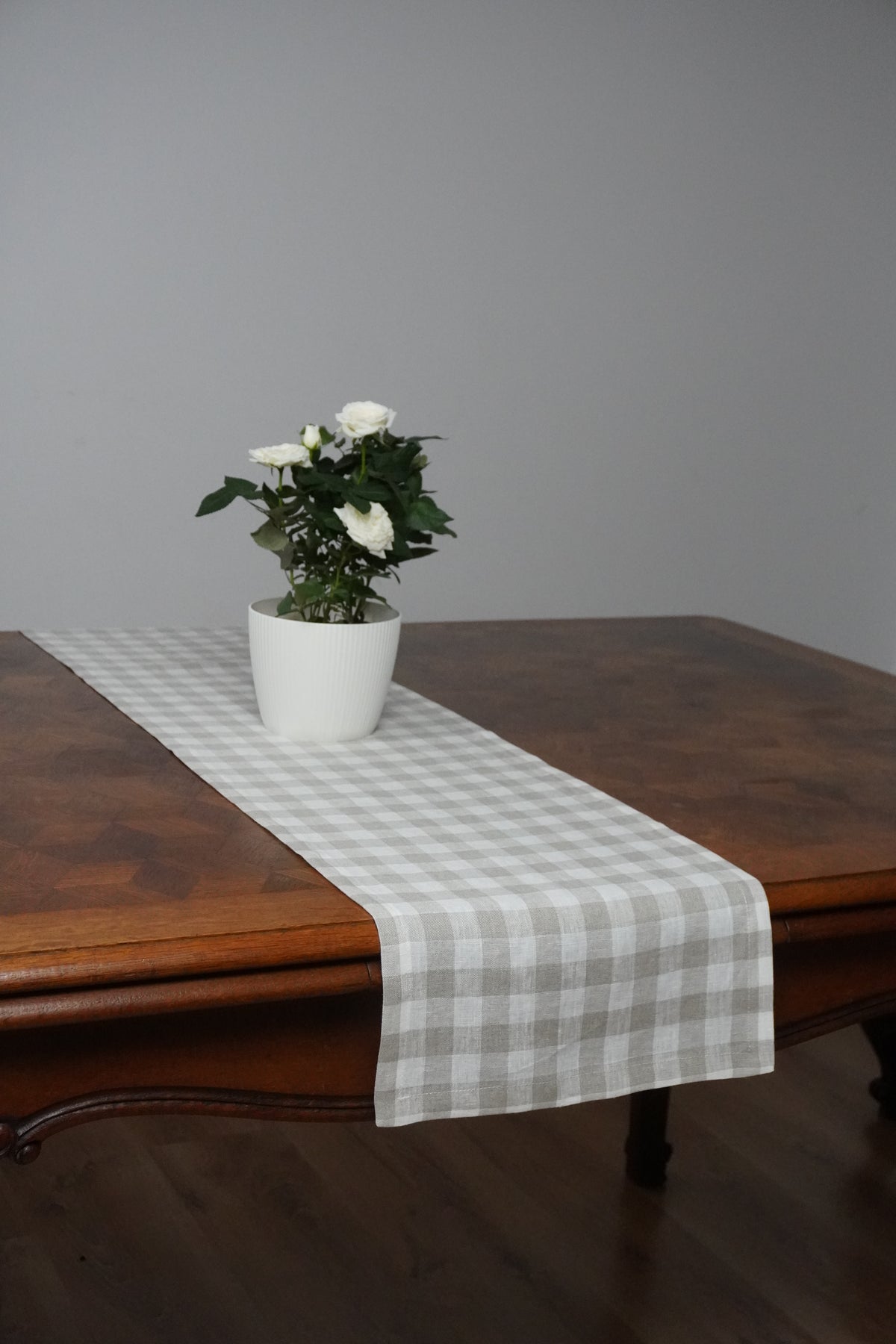 Natural Gingham Linen Table Runner – Farmhouse Rustic Table Decor