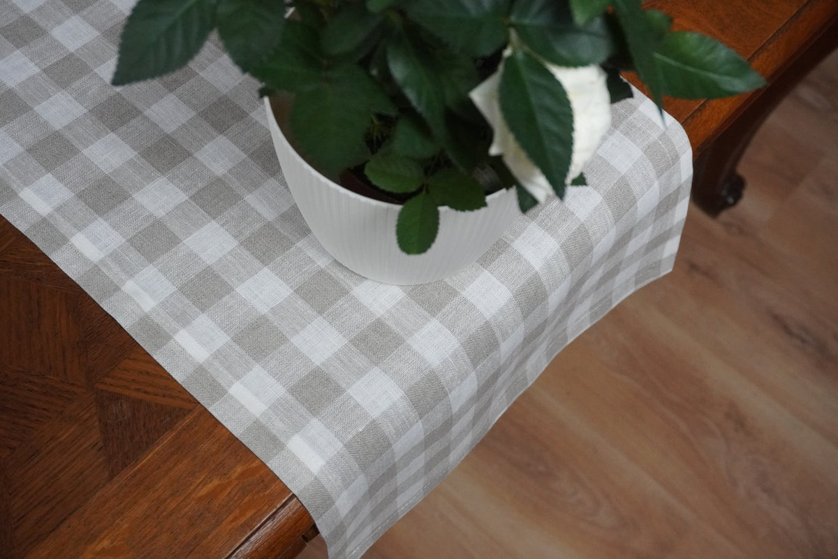 Natural Gingham Linen Table Runner – Farmhouse Rustic Table Decor