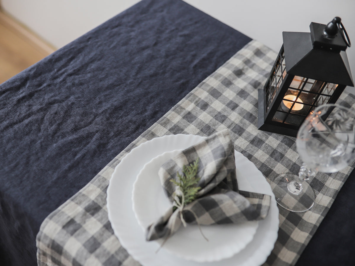Gray Gingham Linen Table Runner – Rustic Farmhouse Table Decor