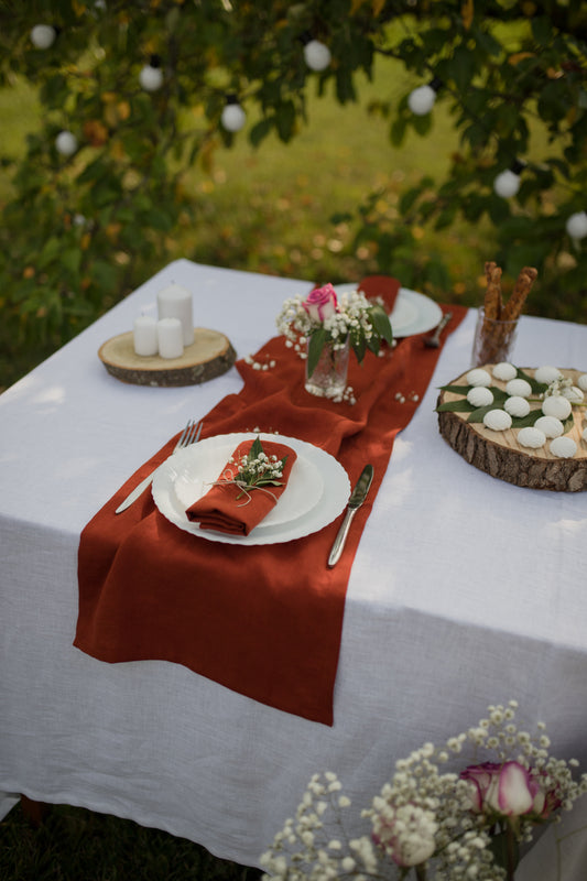 Table setting with terracotta  linen table runner runner