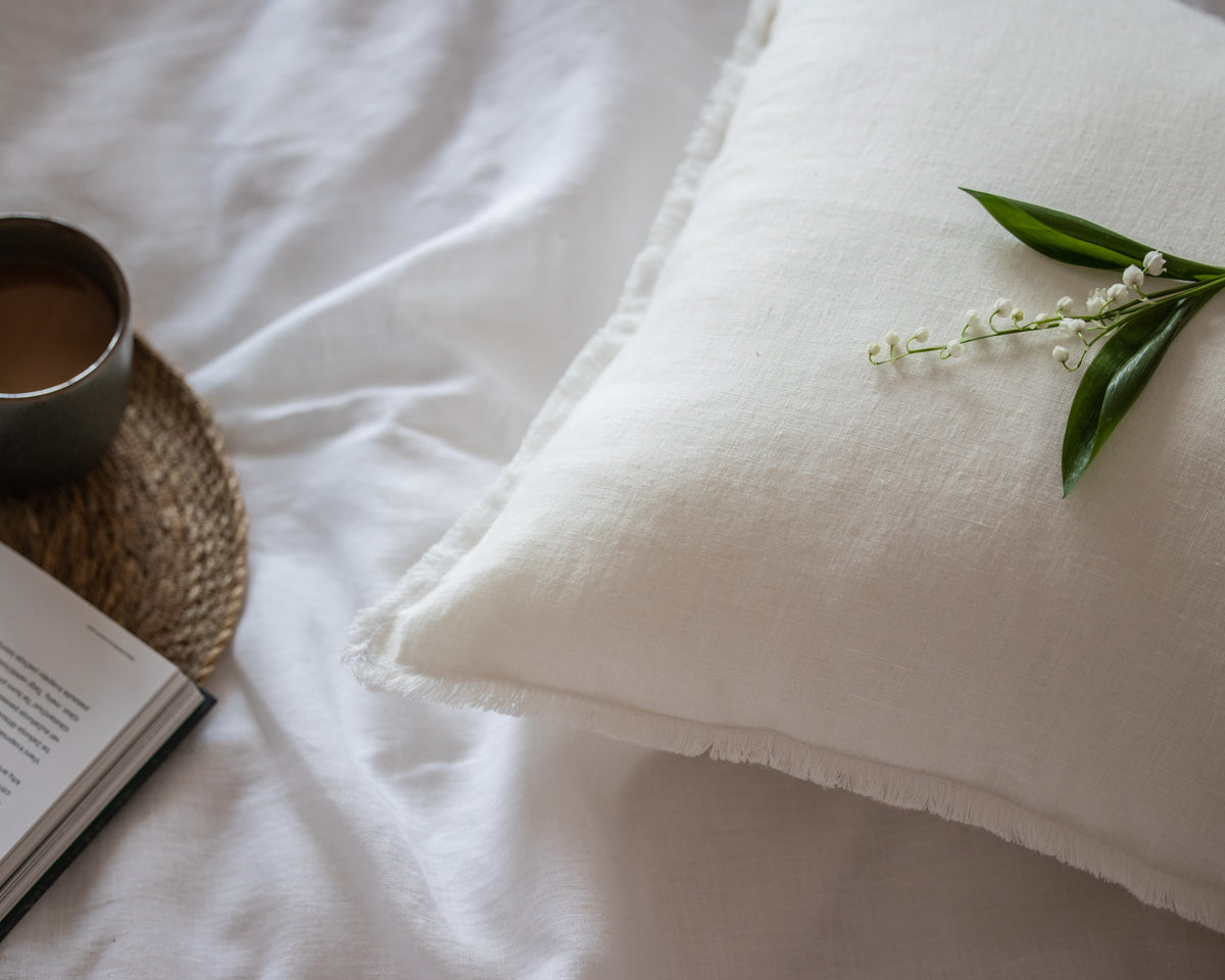 White Linen Pillow Cover with Fringed Edges