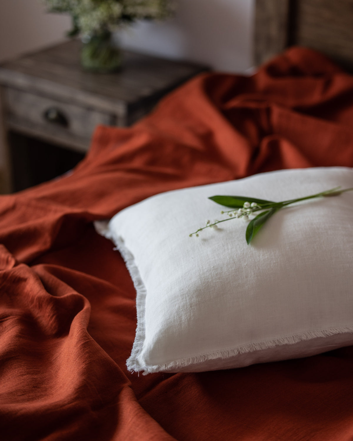 White Linen Pillow Cover with Fringed Edges