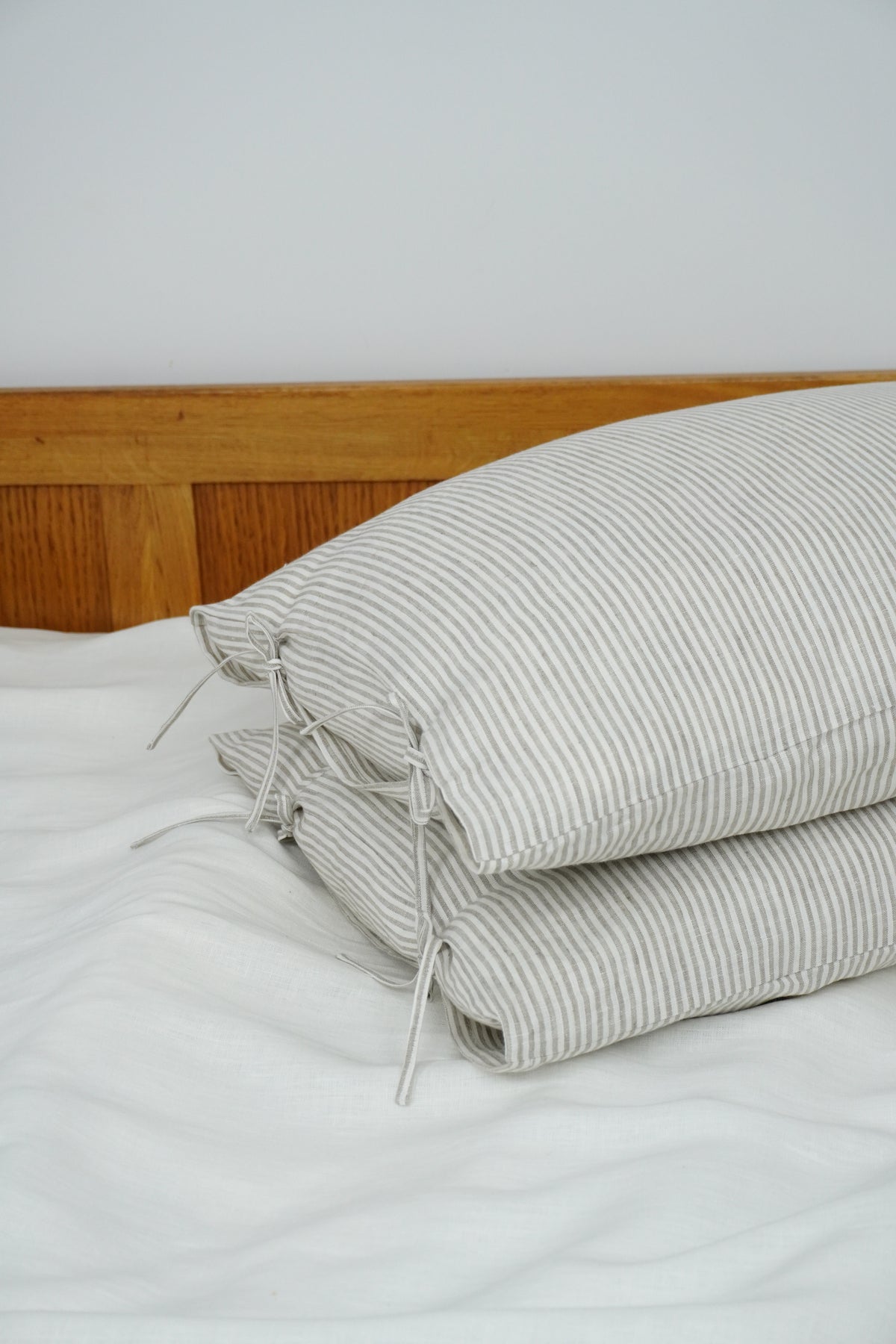 Natural Striped Linen Pillow Cover – Tie Closure