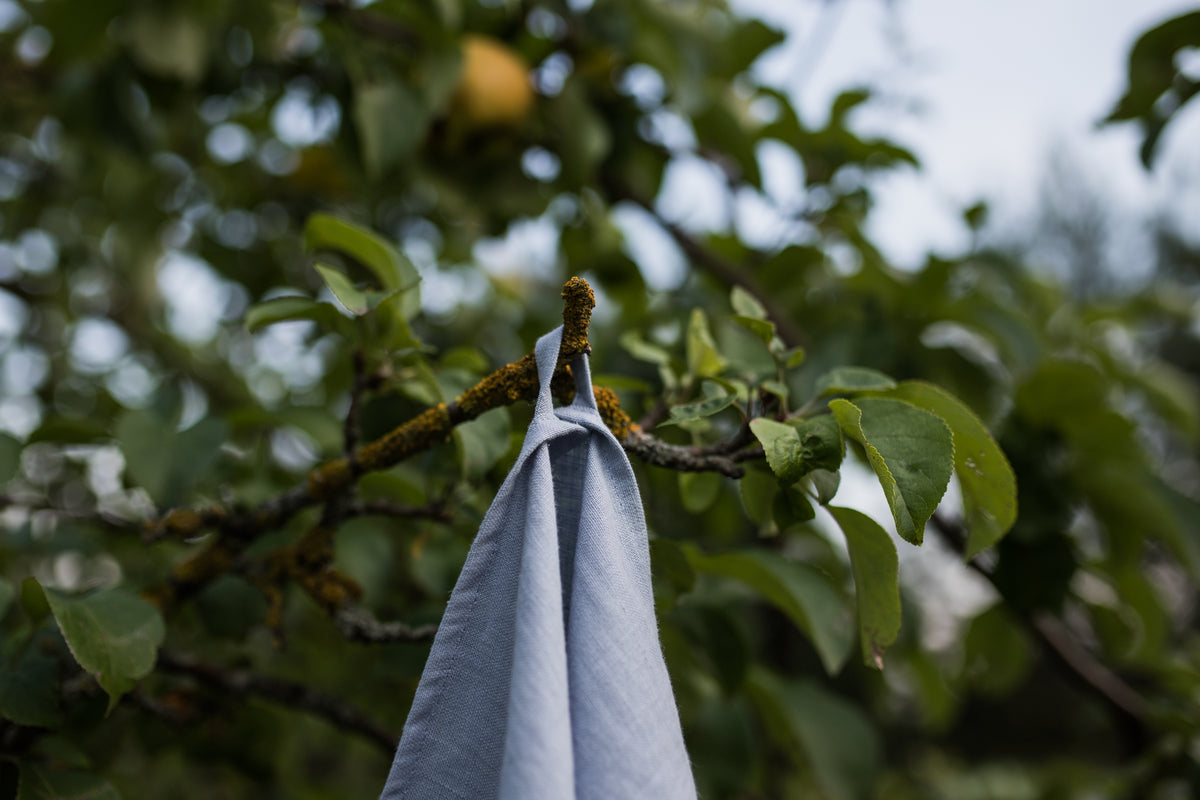 Dusty Blue Ruffled Linen Tea Towel