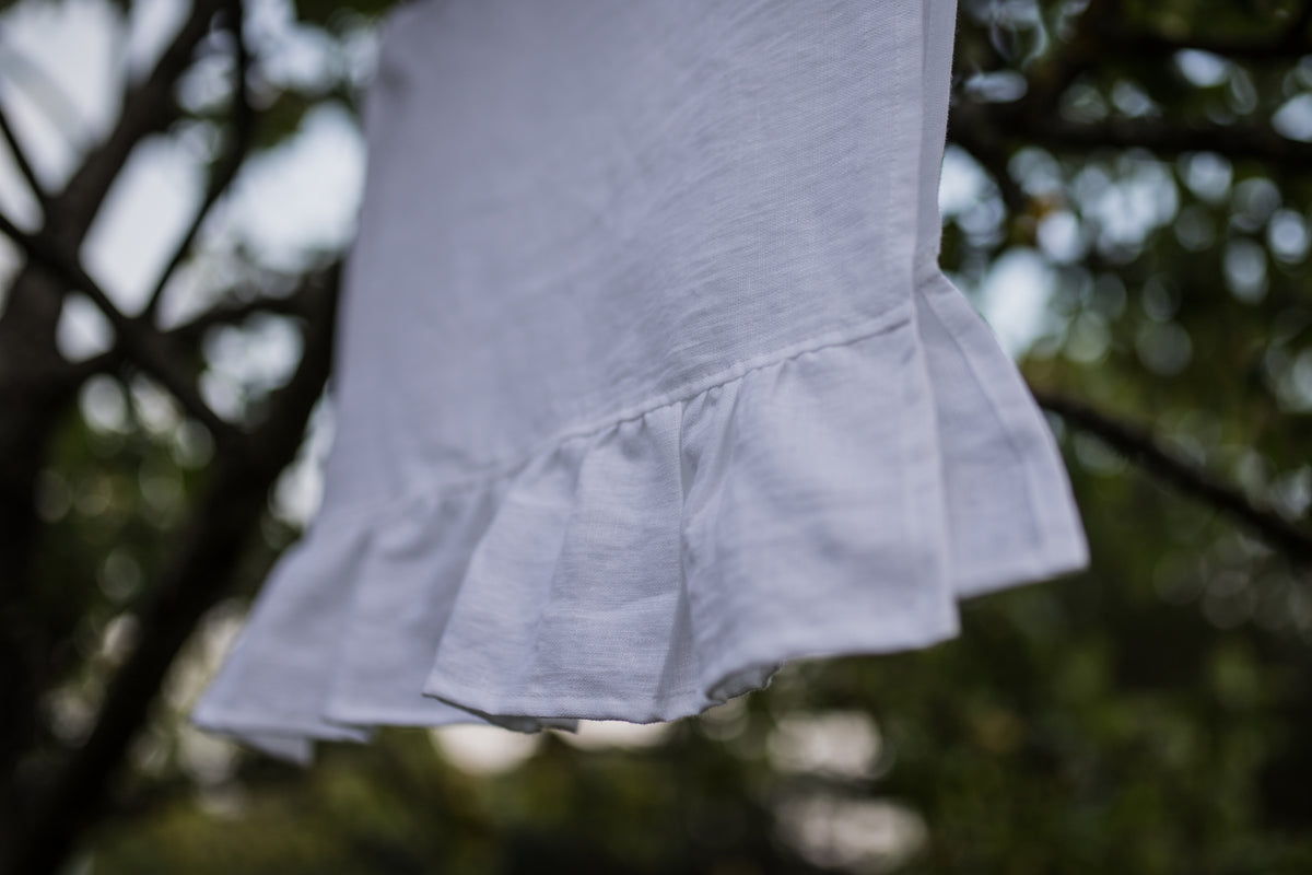 White Ruffled Linen Tea Towel