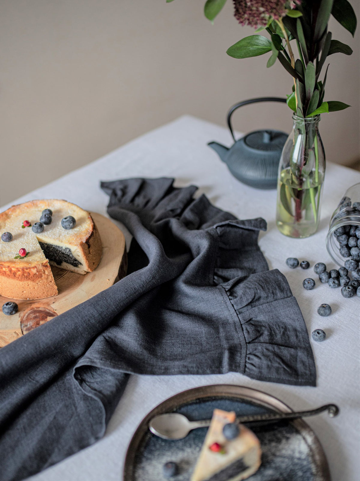 Charcoal Grey Ruffled Linen Tea Towel