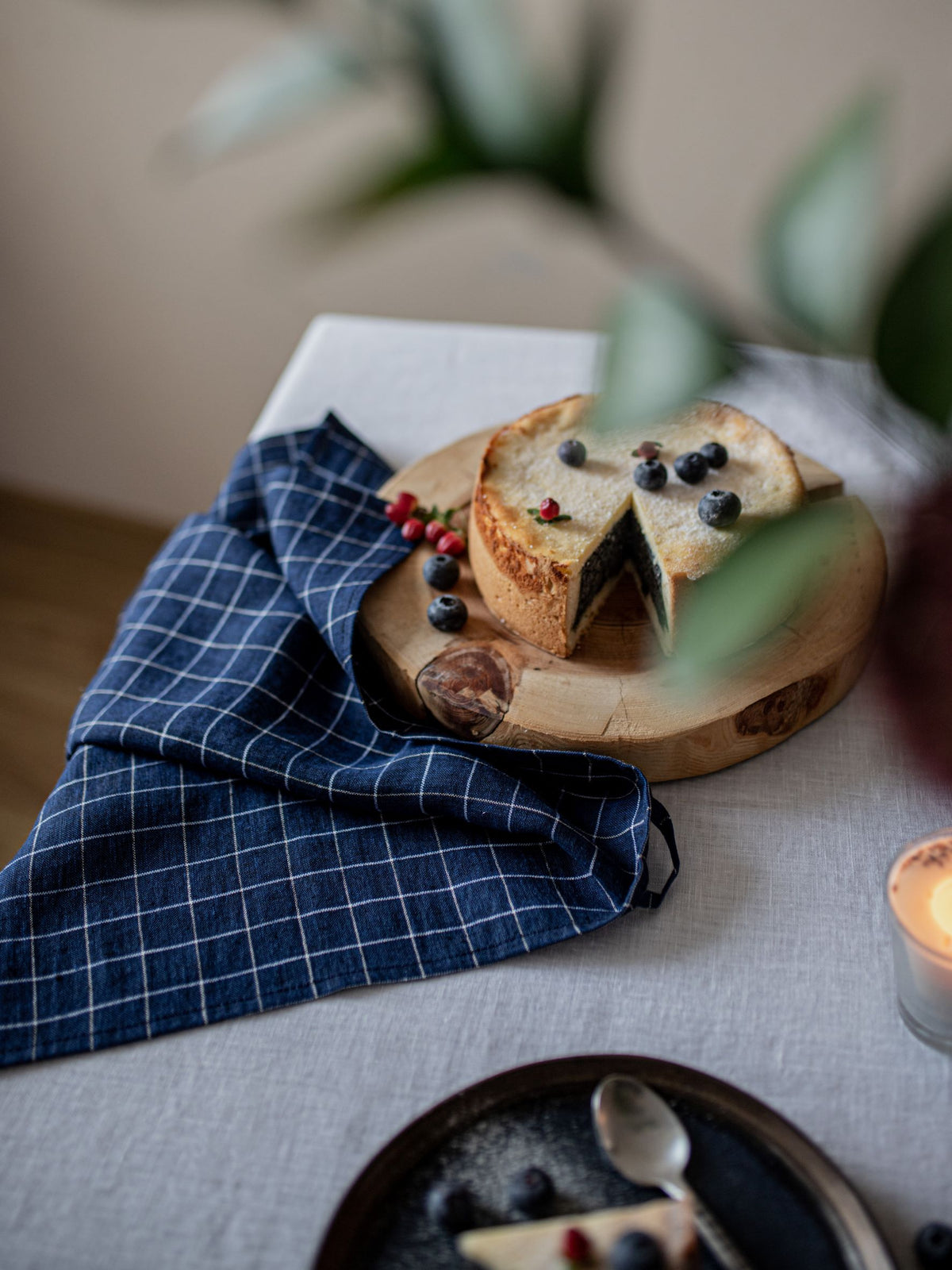 Navy Blue Grid Linen Tea Towel