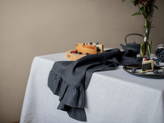 Charcoal Grey Ruffled Linen Tea Towel
