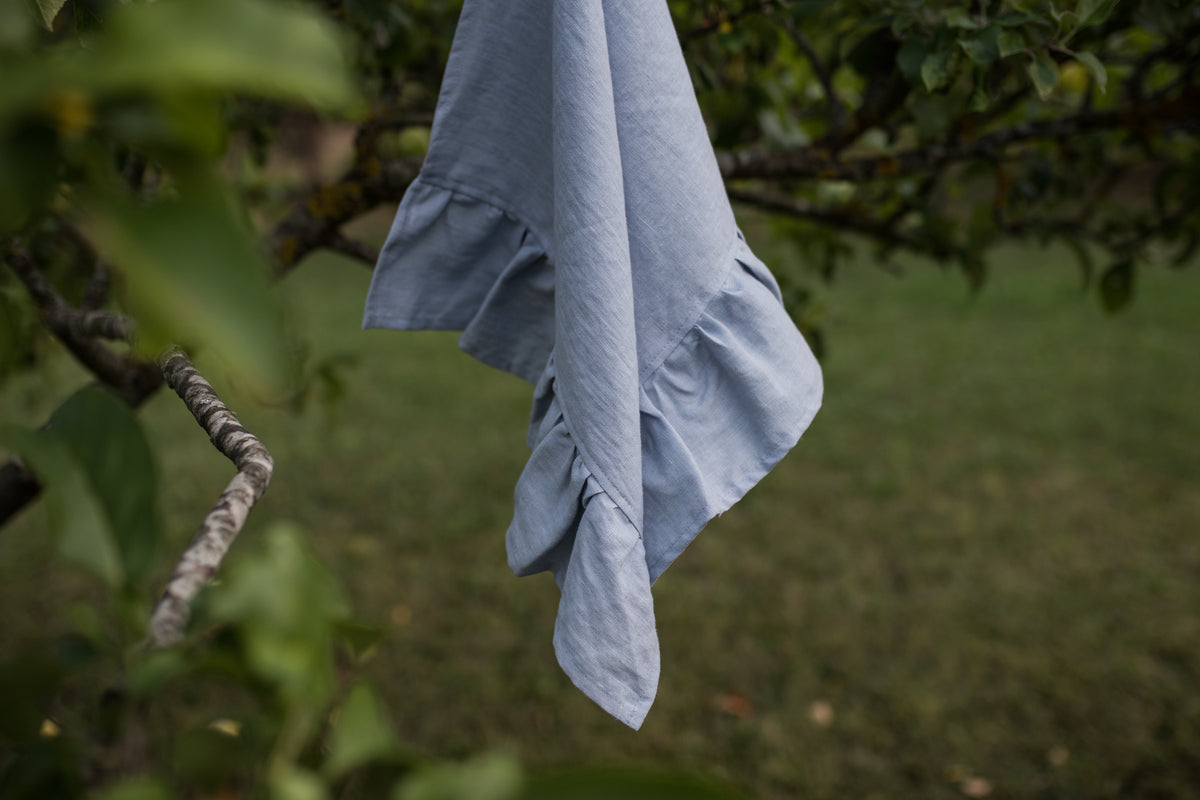 Dusty Blue Ruffled Linen Tea Towel