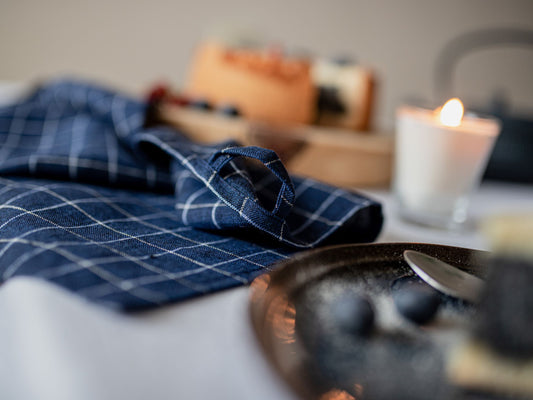 Navy Blue Grid Linen Tea Towel