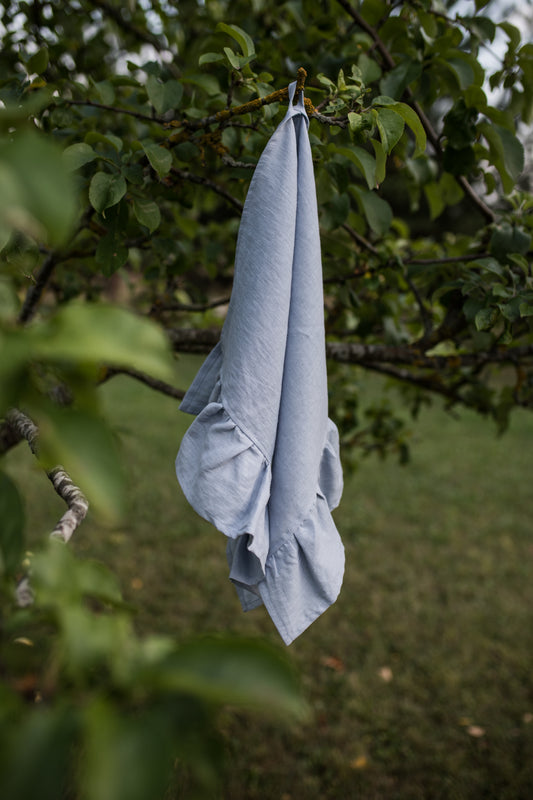 Dusty Blue Ruffled Linen Tea Towel
