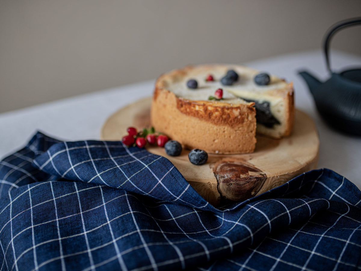 Navy Blue Grid Linen Tea Towel