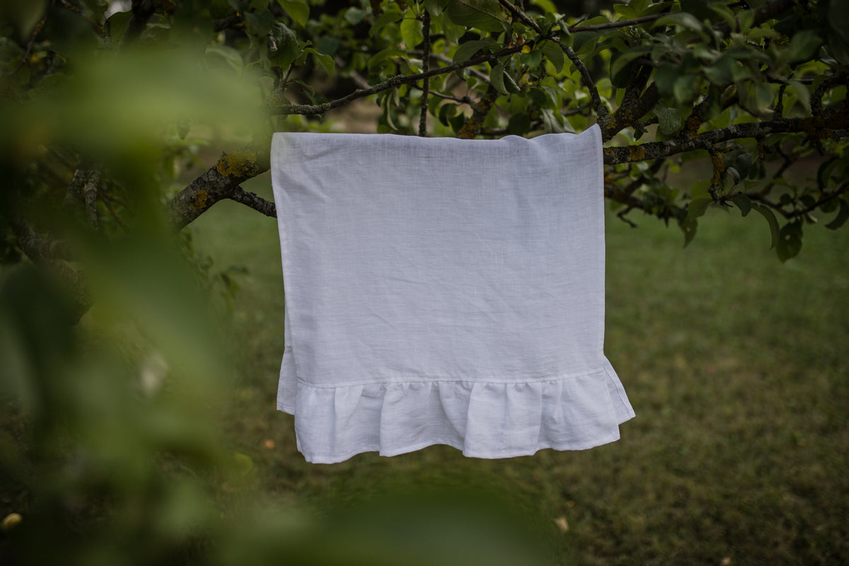 White Ruffled Linen Tea Towel