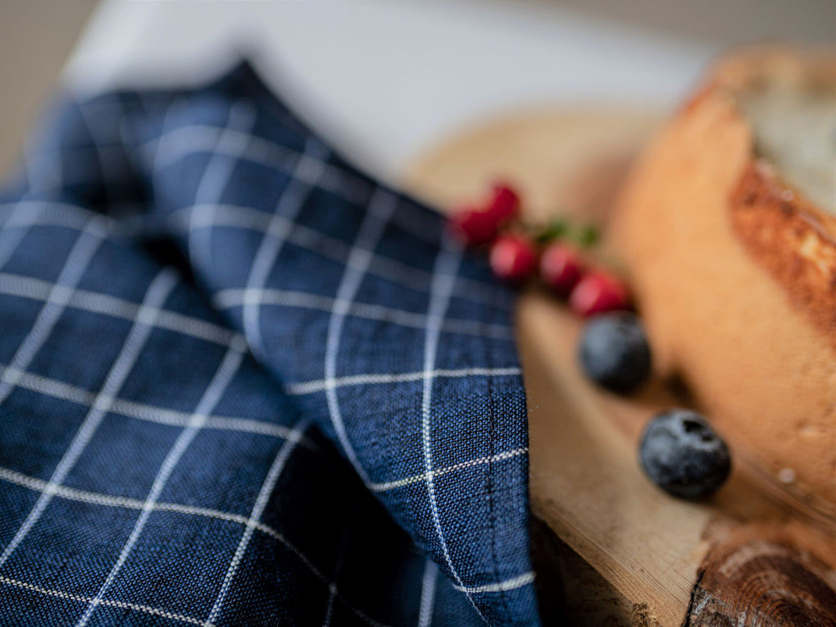 Navy Blue Grid Linen Tea Towel