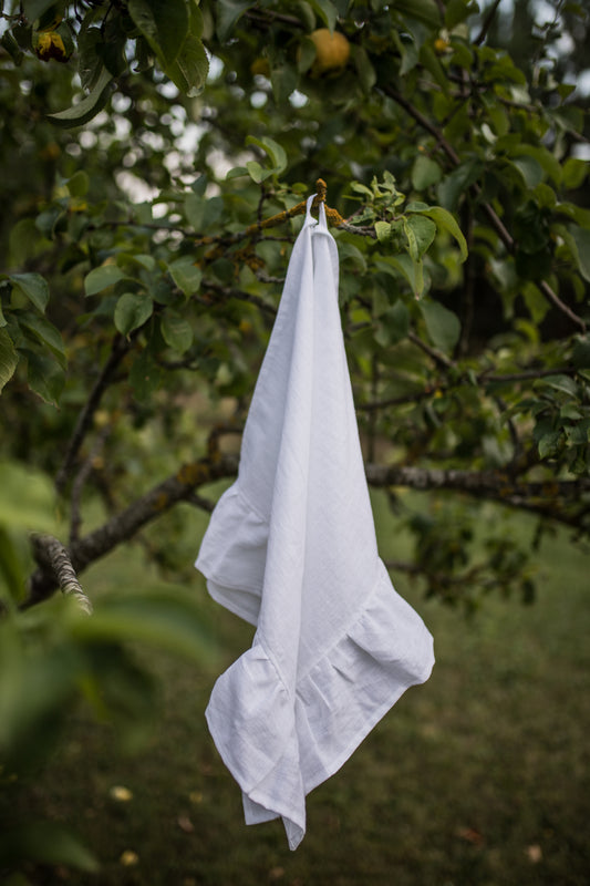 White Ruffled Linen Tea Towel